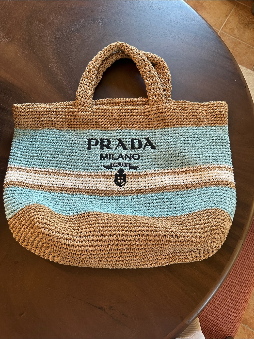 Prada Straw Tote in Light Blue and Tan with White Stripe